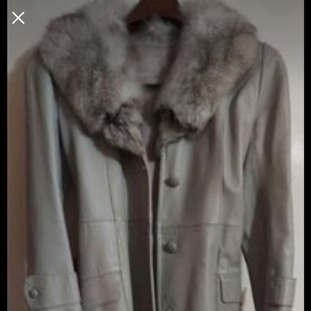 Grey Leather Vintage Women's Coat with Fur Collar